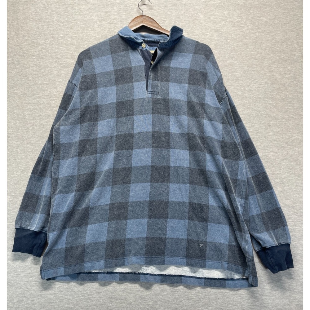 St. John's Bay Rugby Shirt Mens XL Blue Buffalo Plaid Performance Golf Tennis